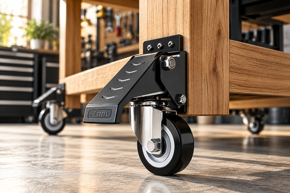 Heavy duty workbench castor with locking brake on a wooden workbench
