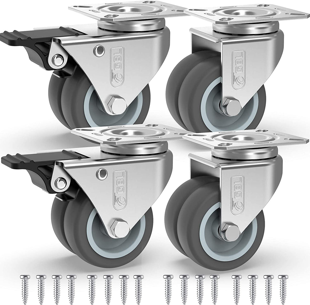 GBL | 50mm Casters with brakes + Screws | 400KG | 4 Heavy Duty Furniture Wheels | Trolley Castor Wheels