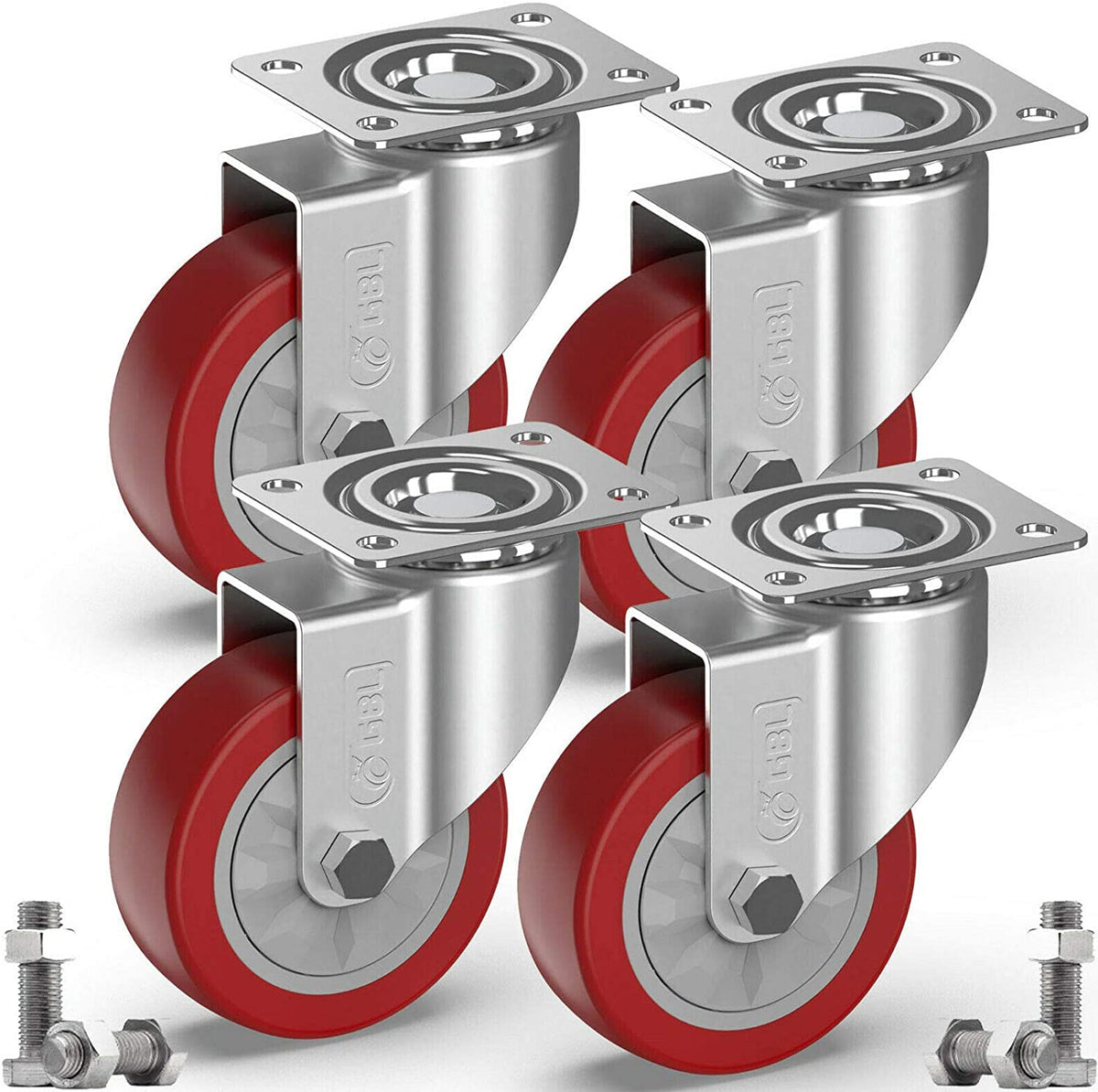 100mm red castor wheels, 4 without brakes