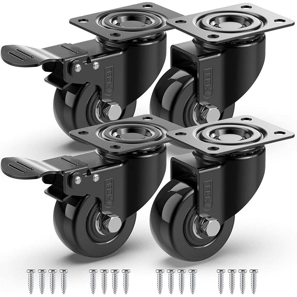50mm black castor wheels, 2 with brakes and 2 without