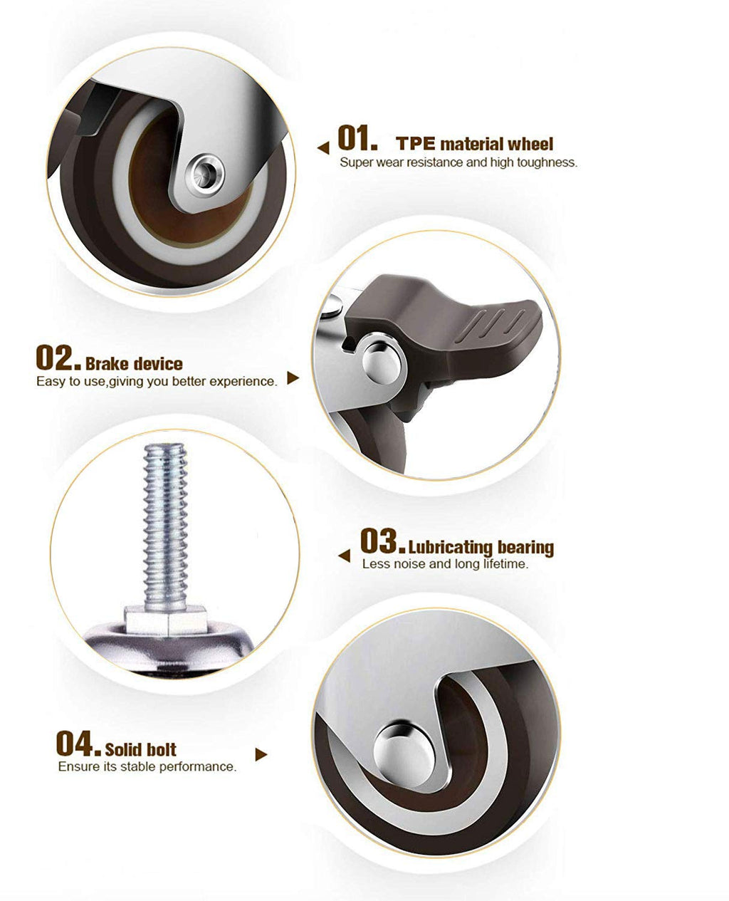 GBL | 50mm Stem Threaded Castor Wheels with brakes M10x15mm | 200KG | 4 Heavy Duty Furniture Wheels | Trolley Casters