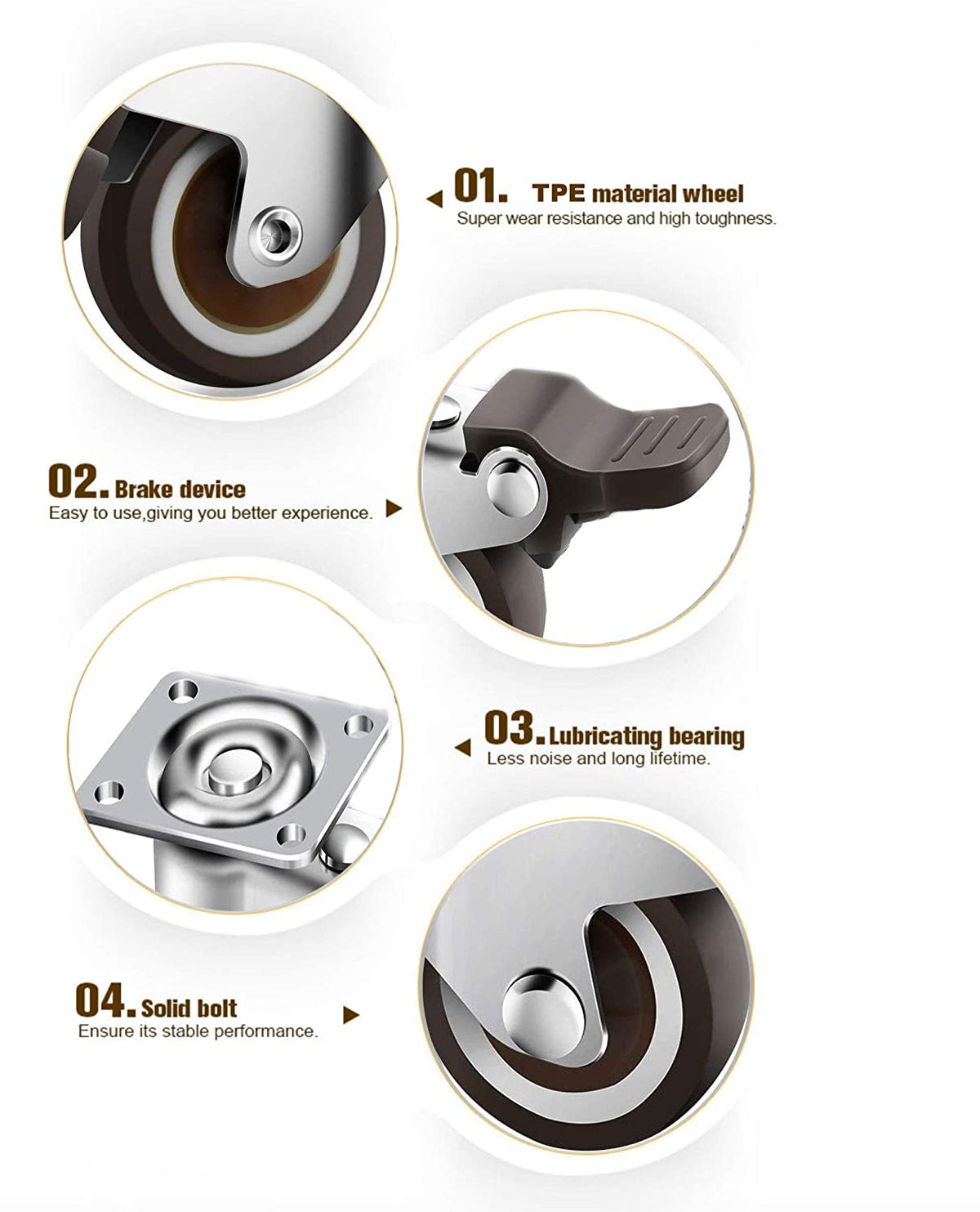 GBL | 50mm Castor Wheels with brakes + Screws | 200KG | 4 Heavy Duty Furniture Wheels | Trolley Casters