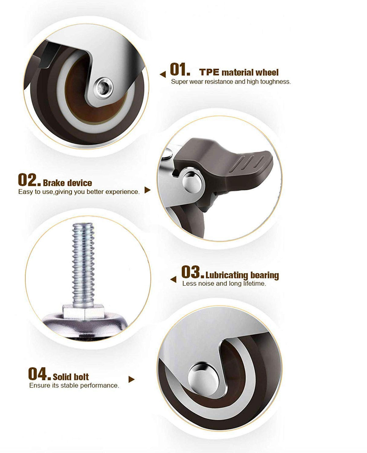 GBL 25mm threaded stem castor wheels with brakes, M8 x 20mm, set of 4
