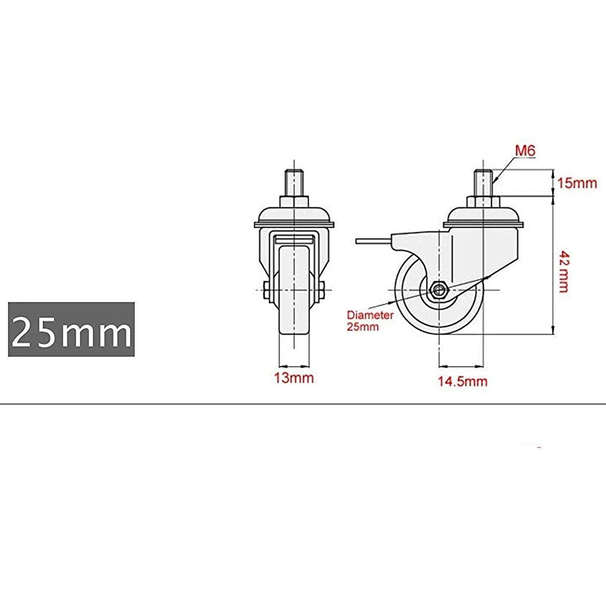 GBL 25mm threaded stem castor wheels with brakes, M8 x 20mm, set of 4