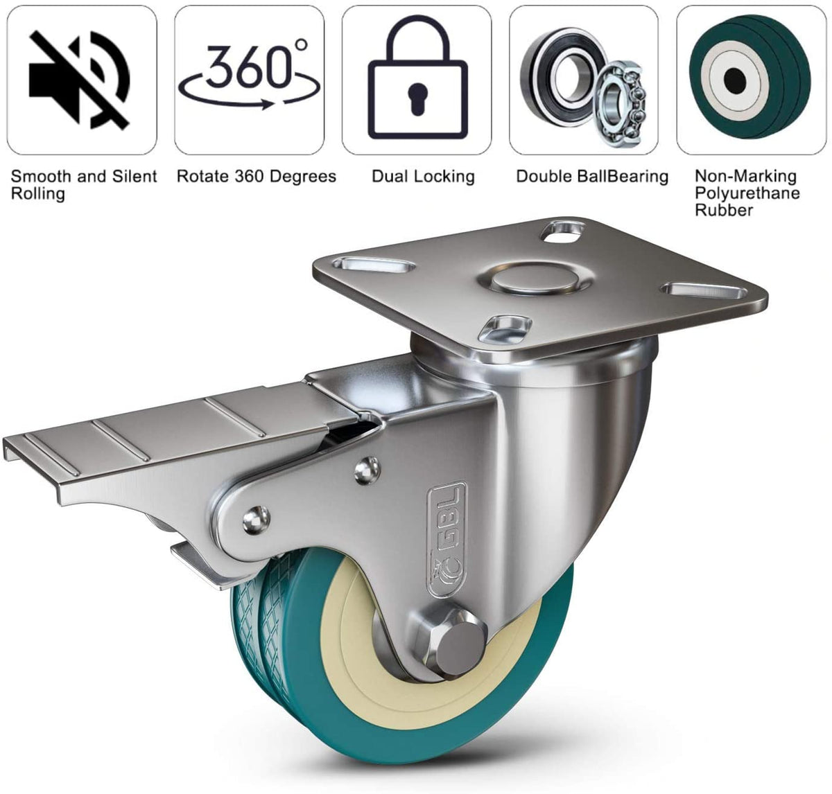 GBL | 50mm Castor Wheels with brakes + Screws | 200KG | 4 Heavy Duty Furniture Wheels | Trolley Caster Wheels