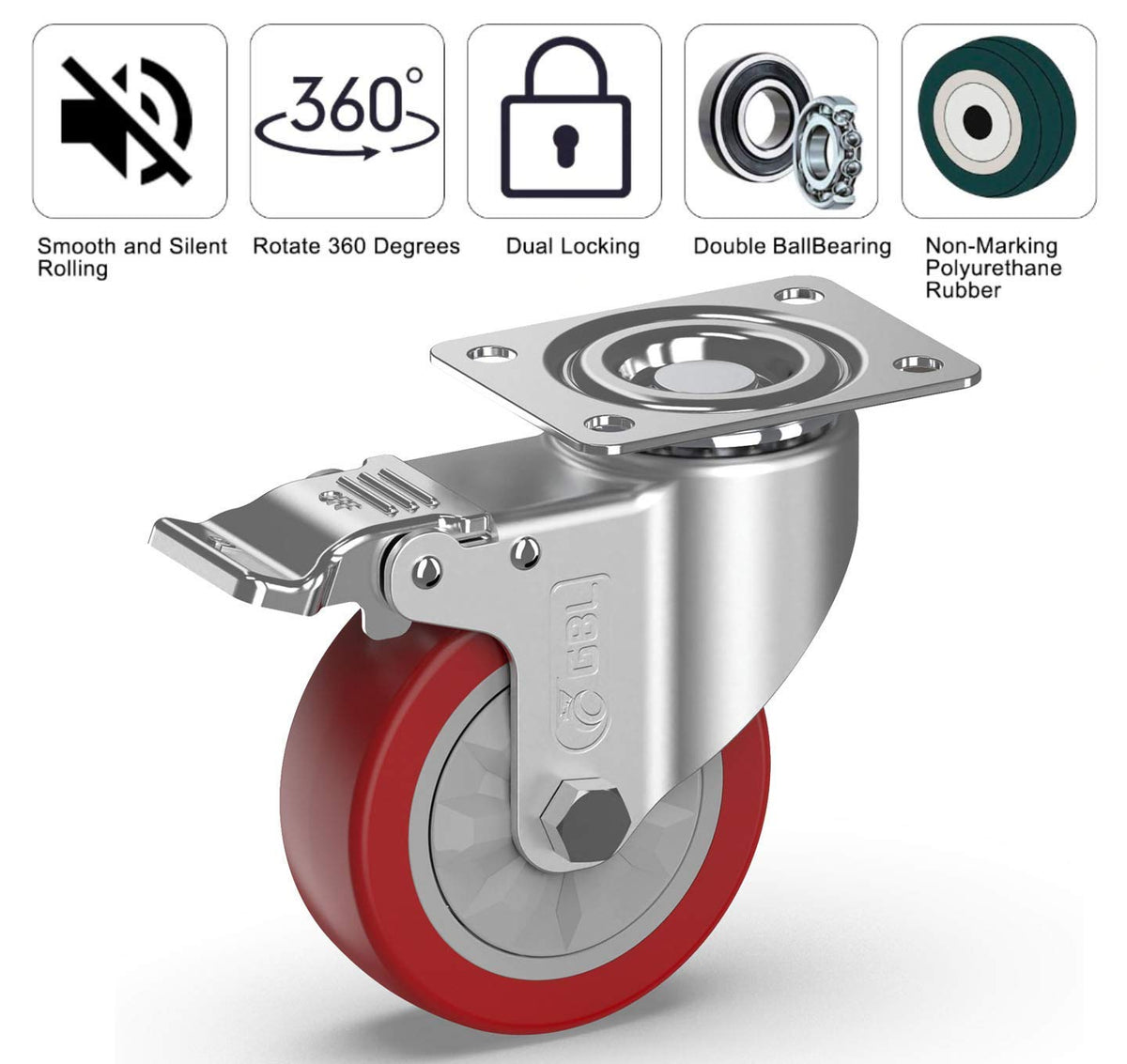 GBL 100mm red castor wheels, 4 with total-lock brakes
