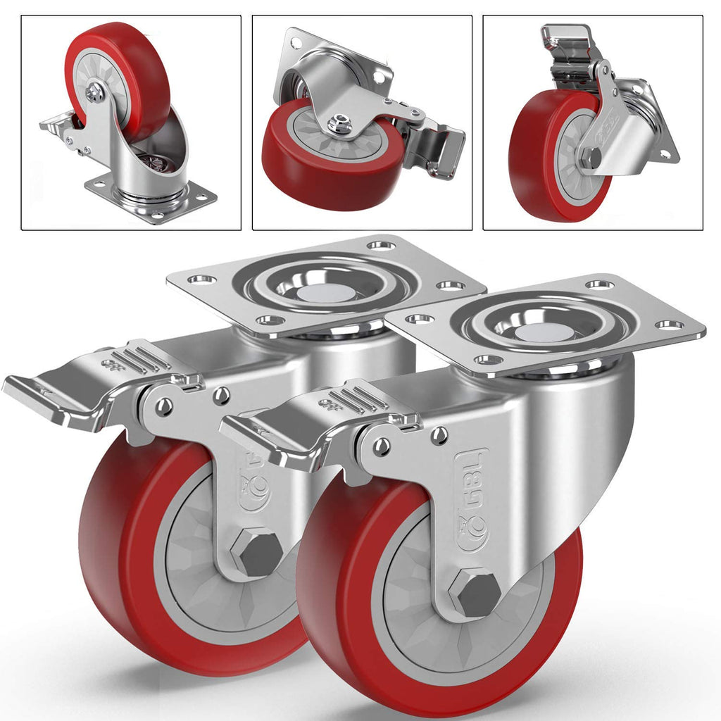 GBL 100mm red castor wheels, 4 with total-lock brakes