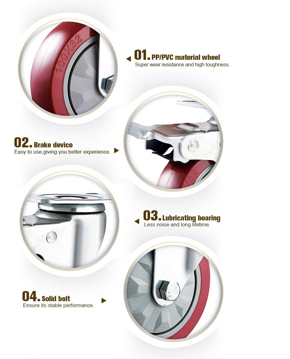 GBL 100mm red castor wheels, 4 with total-lock brakes