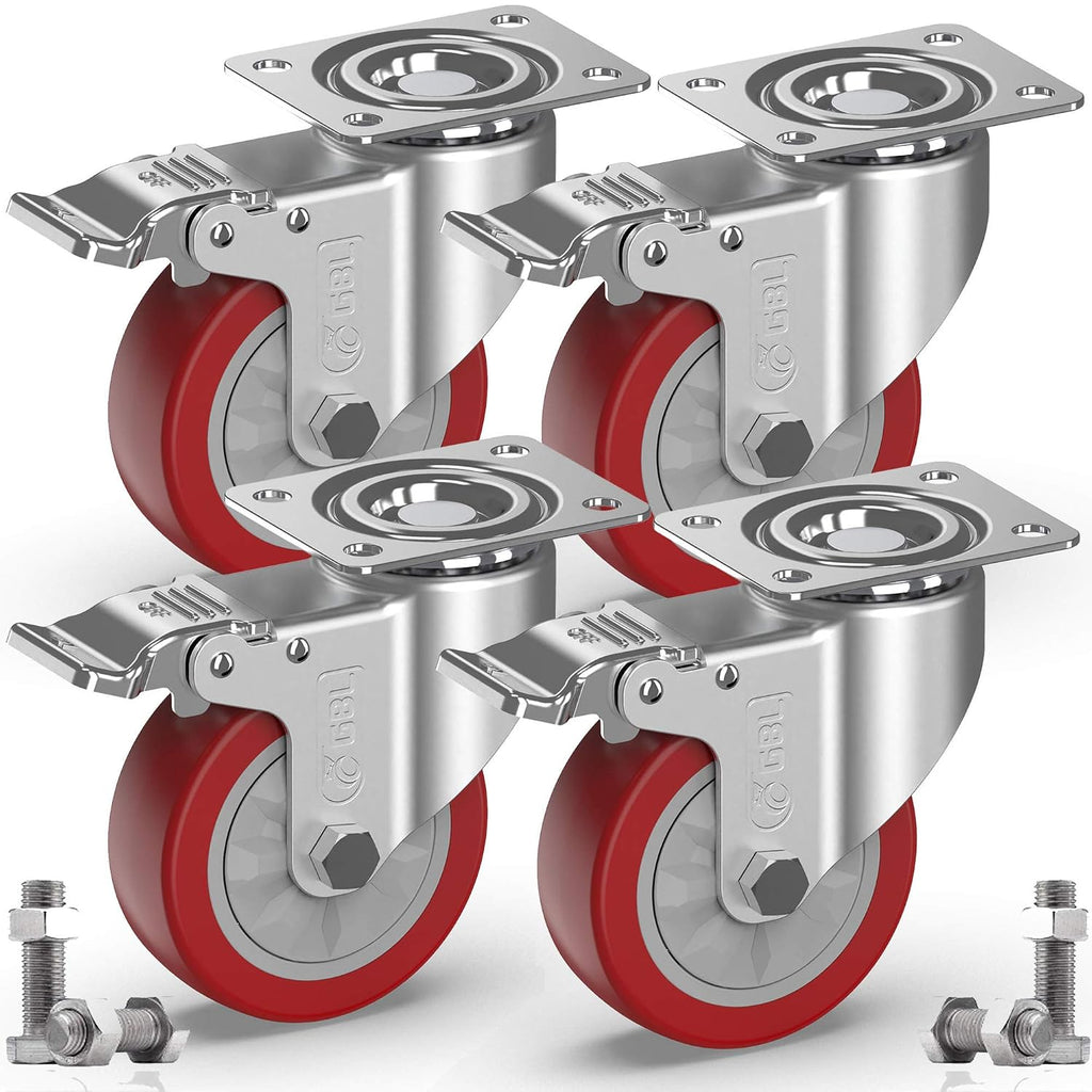 GBL 100mm red castor wheels, 4 with total-lock brakes