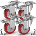GBL 100mm red castor wheels, 4 with total-lock brakes