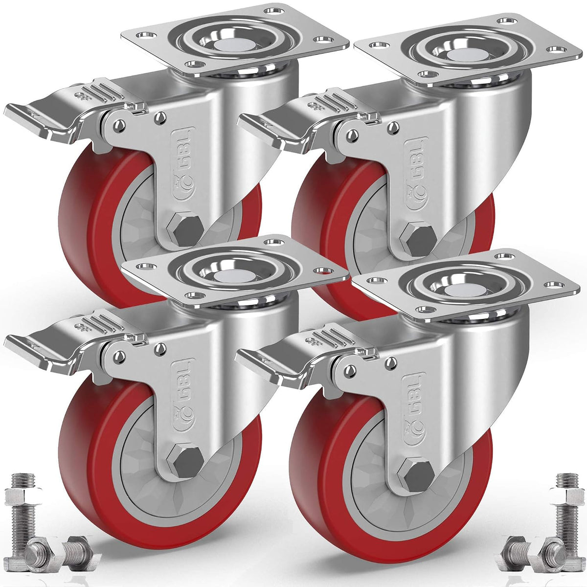 GBL 100mm red castor wheels, 4 with total-lock brakes
