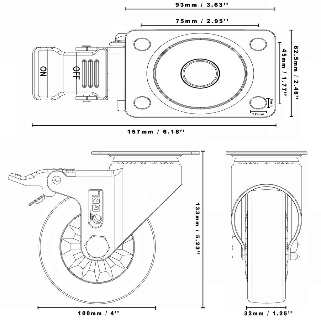 GBL 100mm red castor wheels, 4 with total-lock brakes