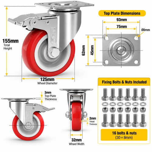 125mm Heavy-Duty Castor Wheels, 2 with Brakes – Set of 4