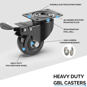 GBL - Castor Wheels 50mm + Screws 200KG | 4 Heavy Duty Wheels for Furniture (4 With Brakes) - GBL Castors